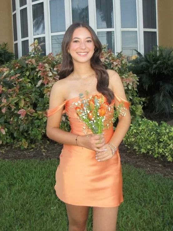 Chic Sheath Off the Shoulder Orange Satin Homecoming Dress with Ruched DP7061