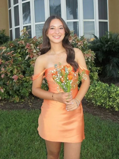 Chic Sheath Off the Shoulder Orange Satin Homecoming Dress with Ruched DP7061
