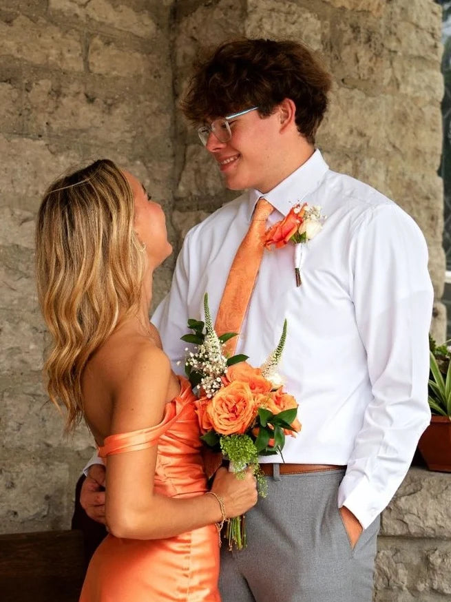 Chic Sheath Off the Shoulder Orange Satin Homecoming Dress with Ruched DP7061