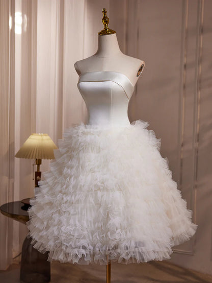 White Simple Strapless Layered Tulle Satin Homecoming Dress DP1146