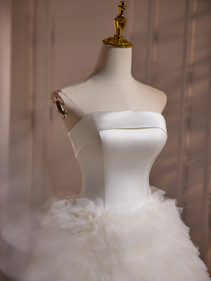 White Simple Strapless Layered Tulle Satin Homecoming Dress DP1146