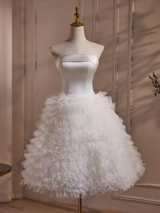 White Simple Strapless Layered Tulle Satin Homecoming Dress DP1146