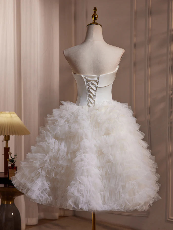 White Simple Strapless Layered Tulle Satin Homecoming Dress DP1146