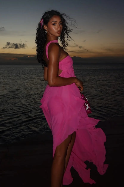 Chic A Line Halter Neck Hot Pink Long Prom Dress with Ruffles DP7598