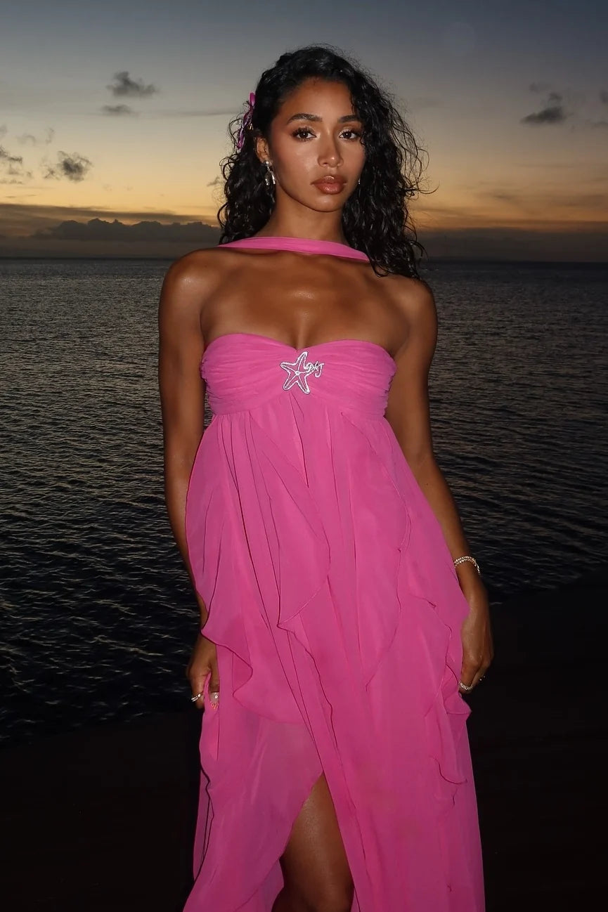 Chic A Line Halter Neck Hot Pink Long Prom Dress with Ruffles DP7598