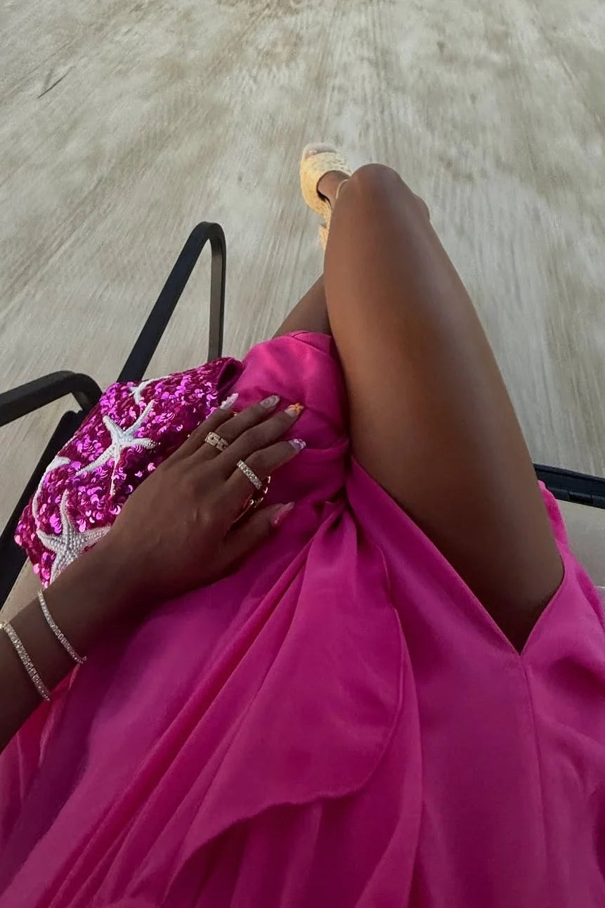 Chic A Line Halter Neck Hot Pink Long Prom Dress with Ruffles DP7598