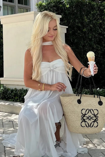 Chic A Line Halter Neck White Long Prom Dress with Ruffles DP7597