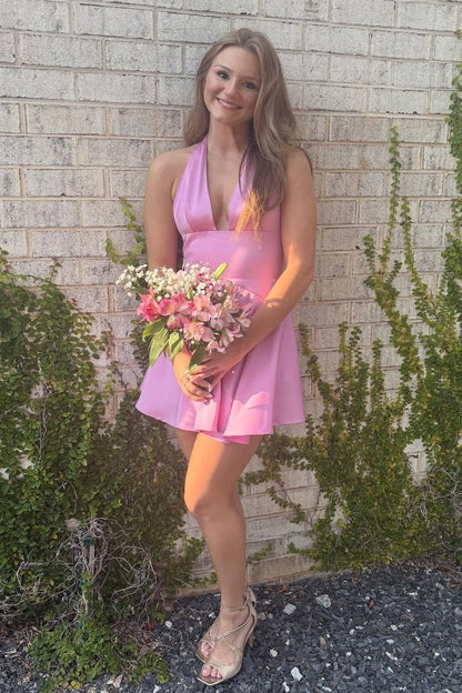 Cute A Line Halter Neck Pink Short Homecoming Dress with Open Back DP7287