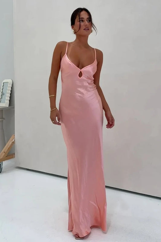 Chic Sheath Spaghetti Straps Light Pink Long Prom Dress with Backless DP7437