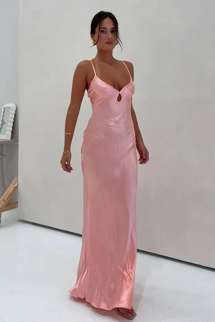 Chic Sheath Spaghetti Straps Light Pink Long Prom Dress with Backless DP7437