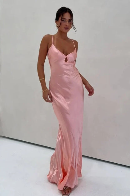 Chic Sheath Spaghetti Straps Light Pink Long Prom Dress with Backless DP7437