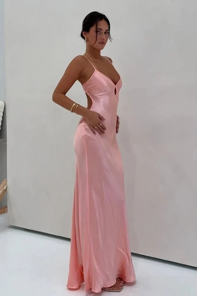 Chic Sheath Spaghetti Straps Light Pink Long Prom Dress with Backless DP7437