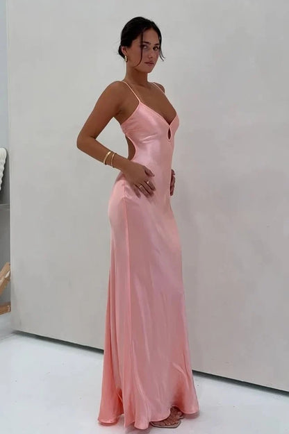 Chic Sheath Spaghetti Straps Light Pink Long Prom Dress with Backless DP7437