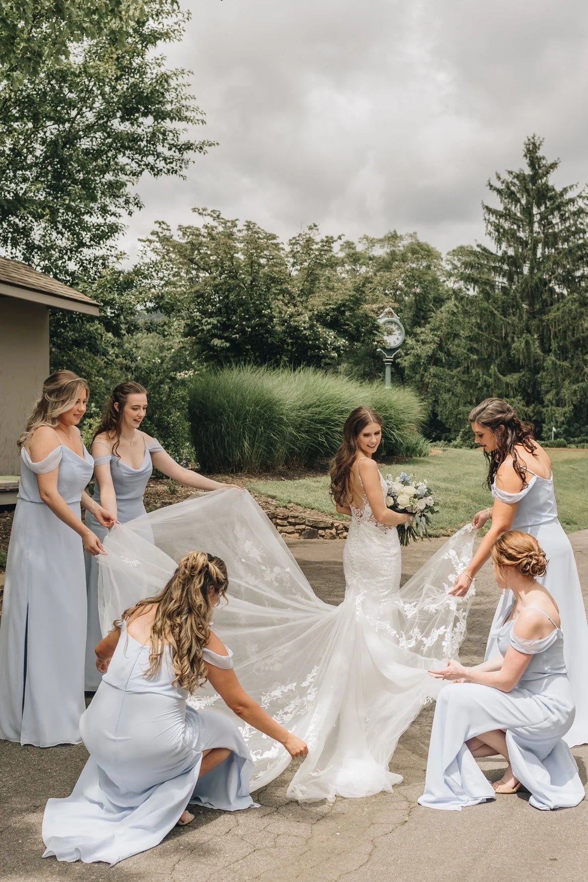 Cold Shoulder Dusty Blue Bridesmaid Dress with Slit DP5848