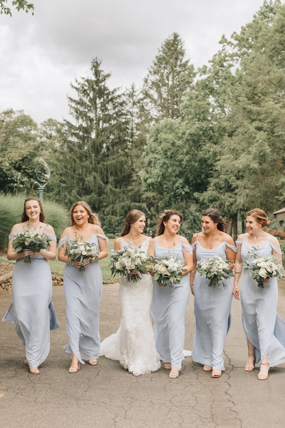 Cold Shoulder Dusty Blue Bridesmaid Dress with Slit DP5848