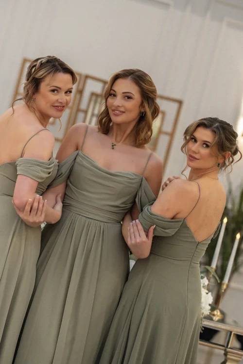 Cold Shoulder Olive Green Chiffon Bridesmaid Dress DP5877