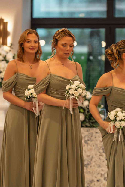 Cold Shoulder Olive Green Chiffon Bridesmaid Dress DP5877