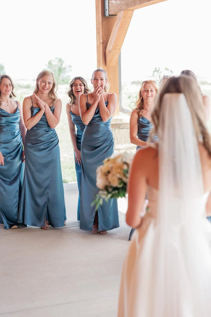 Cowl Neck Dusty Blue Ruched Bridesmaid Dress DP5850