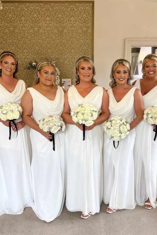 Cowl Neck White Bridesmaid Dress with Slit DP5851