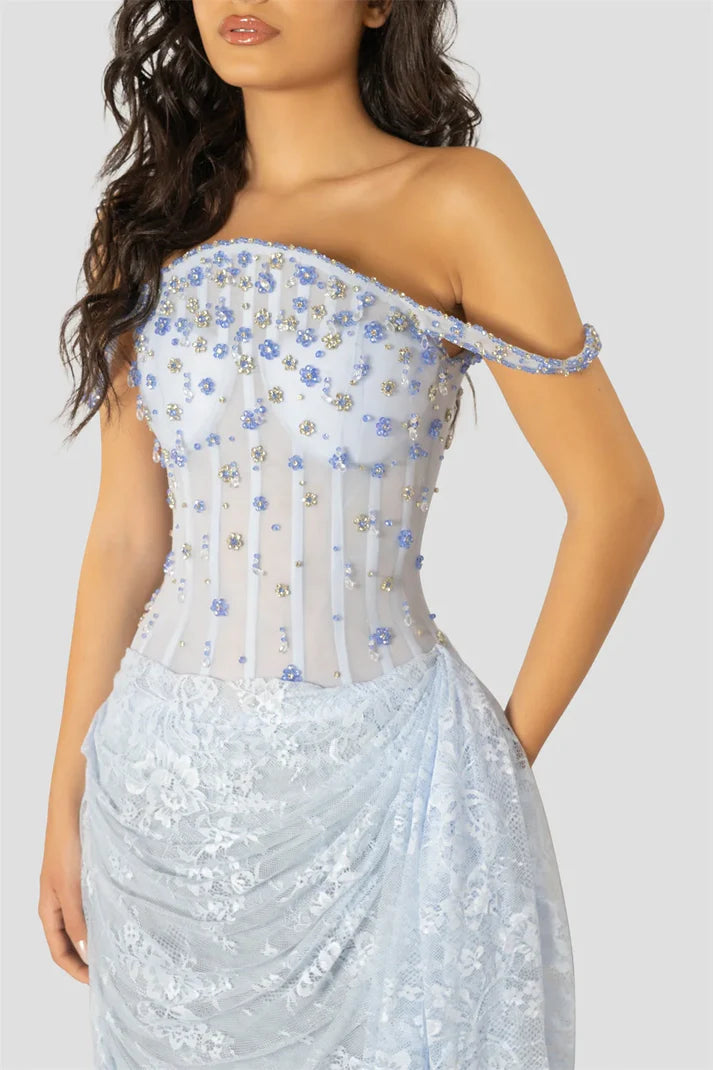 Sky Blue Floral Lace Prom Dress Off The Shoulder Lace-up Back Floor-length Evening Dresses DP5991