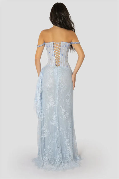 Sky Blue Floral Lace Prom Dress Off The Shoulder Lace-up Back Floor-length Evening Dresses DP5991