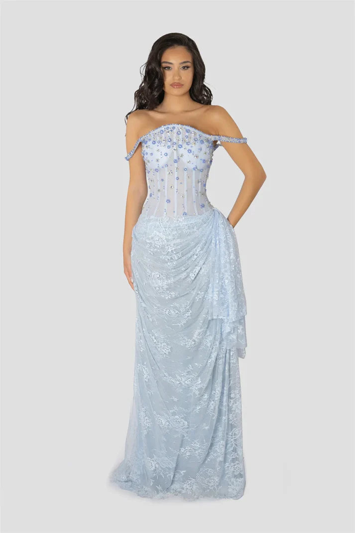 Sky Blue Floral Lace Prom Dress Off The Shoulder Lace-up Back Floor-length Evening Dresses DP5991