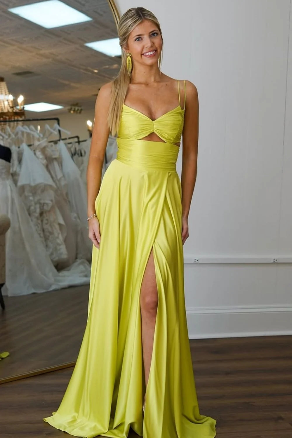 Cute A-Line Yellow Spaghetti Straps Long Satin Prom Dress with High Slit DP7730