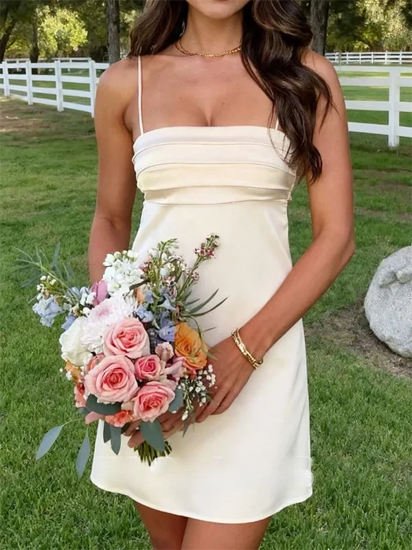 Cute A Line Spaghetti Straps Light Pink Satin Short Homecoming Dress with Ruched DP7312