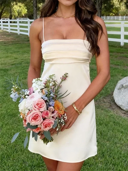 Cute A Line Spaghetti Straps Light Pink Satin Short Homecoming Dress with Ruched DP7312