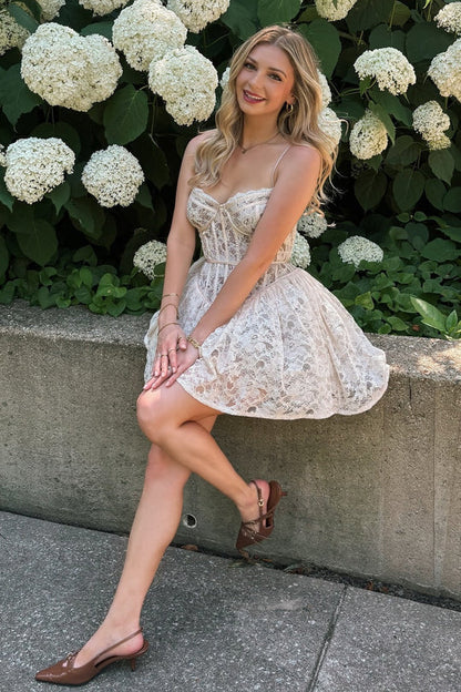 Cute A Line Spaghetti Straps White Lace Short Homecoming Dress with Ruffles DP7233