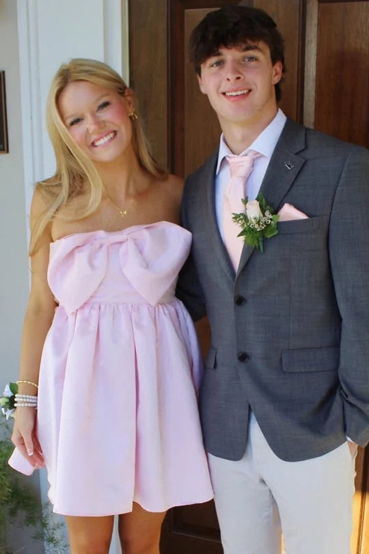 Cute A Line Strapless Light Pink Satin Short Homecoming Dress with Bowknot DP7206