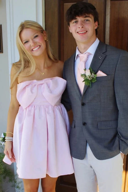 Cute A Line Strapless Light Pink Satin Short Homecoming Dress with Bowknot DP7206