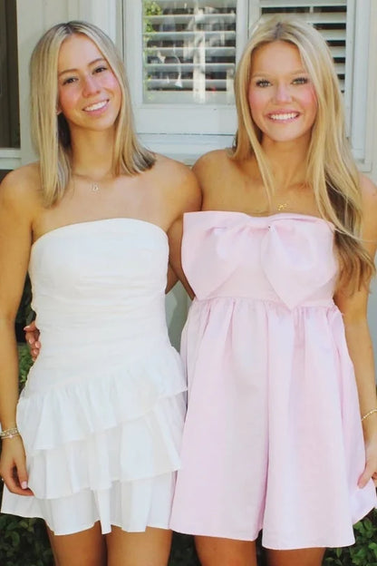 Cute A Line Strapless Light Pink Satin Short Homecoming Dress with Bowknot DP7206