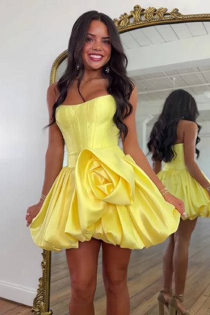 Cute A Line Strapless Yellow Corset Homecoming Dress with 3D Flowers DP7338