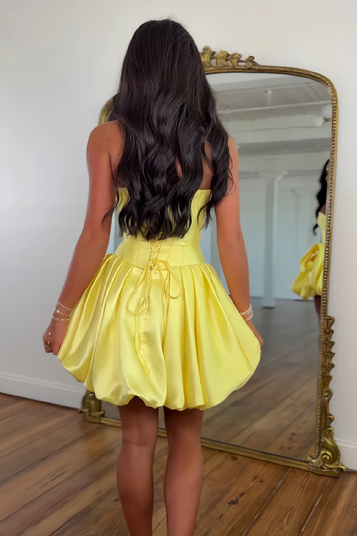 Cute A Line Strapless Yellow Corset Homecoming Dress with 3D Flowers DP7338