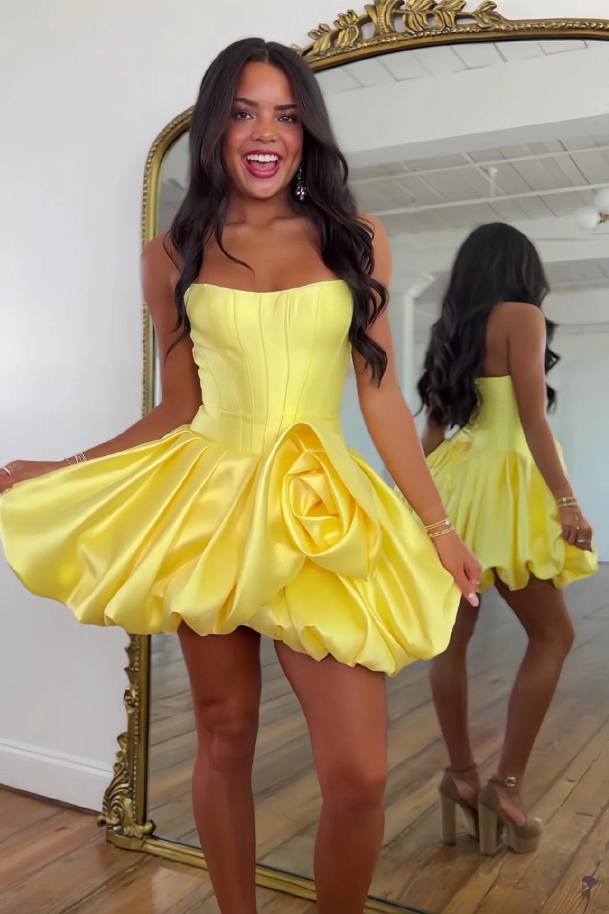 Cute A Line Strapless Yellow Corset Homecoming Dress with 3D Flowers DP7338