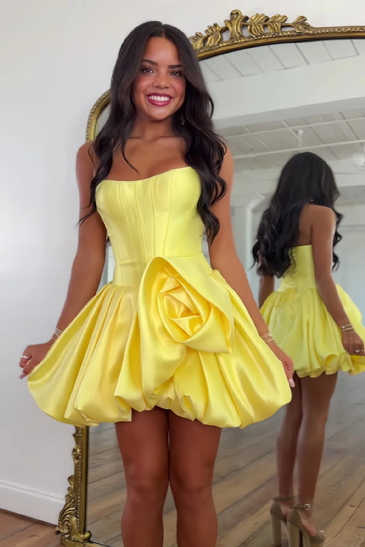 Cute A Line Strapless Yellow Corset Homecoming Dress with 3D Flowers DP7338