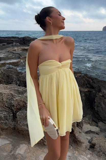 Cute A Line Sweetheart Light Yellow Short Homecoming Dress with Scarf DP7079