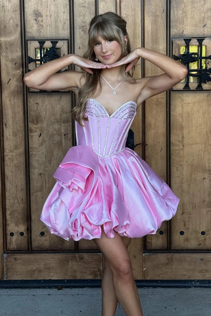 Princess A Line Sweetheart Pink Corset Homecoming Dress with Beading DP7288