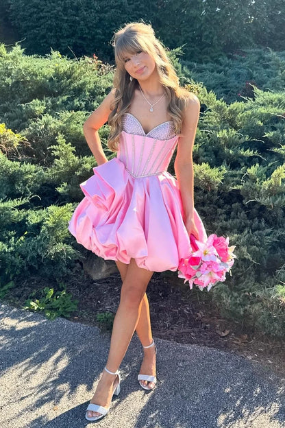 Princess A Line Sweetheart Pink Corset Homecoming Dress with Beading DP7288