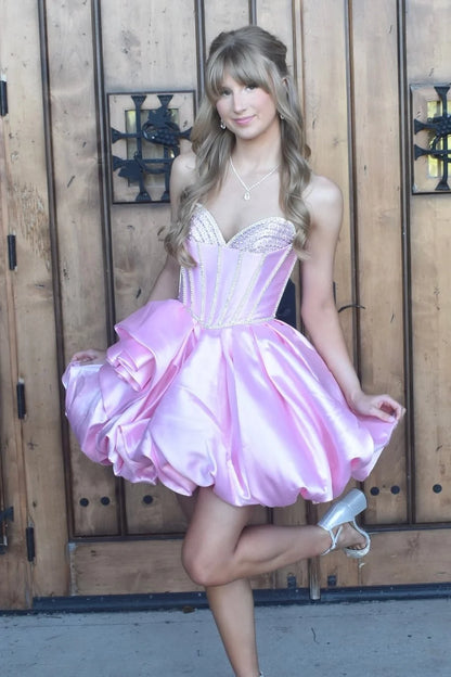 Princess A Line Sweetheart Pink Corset Homecoming Dress with Beading DP7288