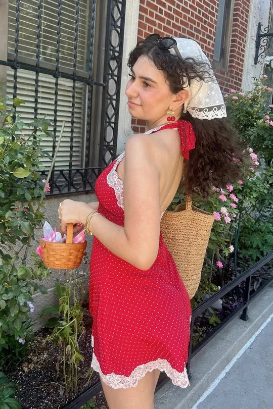 Cute A Line Halter Neck Red Polka Dots Short Homecoming Dress with Lace DP7237