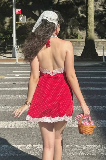 Cute A Line Halter Neck Red Polka Dots Short Homecoming Dress with Lace DP7237