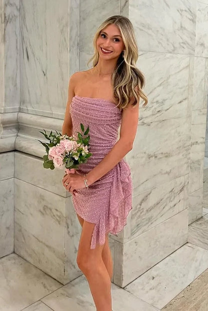 Cute Sheath Strapless Pink Short Homecoming Dress with Ruffles DP7231