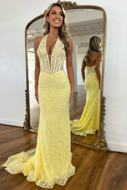Cute Yellow Mermaid Halter Neck Backless Long Lace Prom Dress DP7714