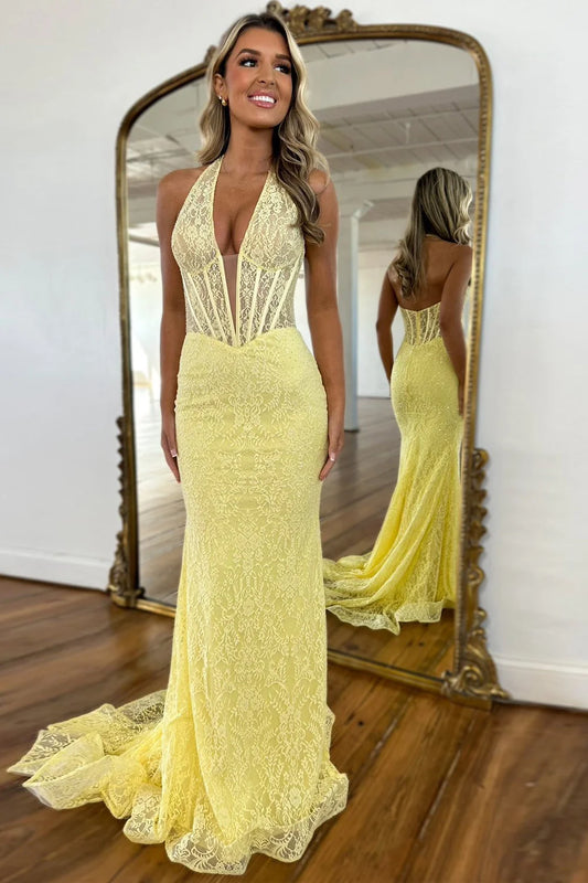 Cute Yellow Mermaid Halter Neck Backless Long Lace Prom Dress DP7714