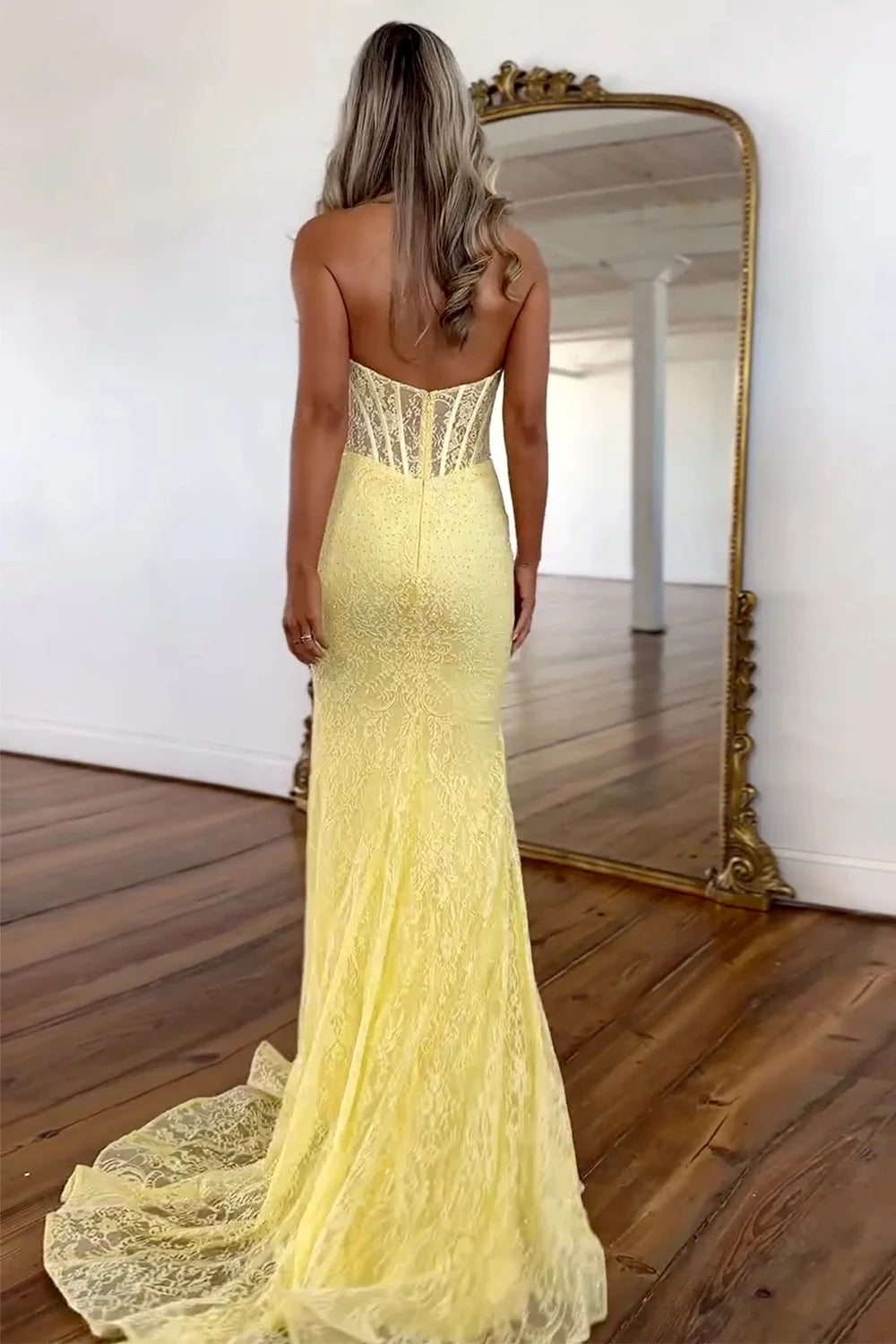 Cute Yellow Mermaid Halter Neck Backless Long Lace Prom Dress DP7714
