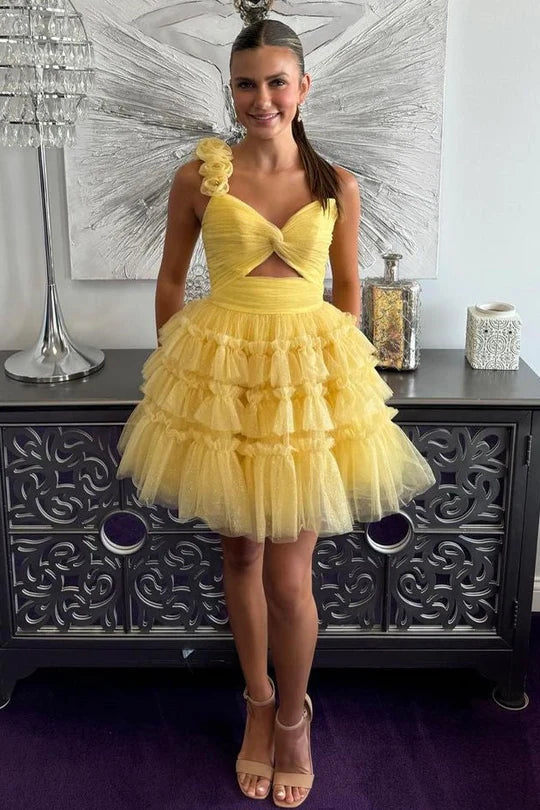 Cute Yellow One Shoulder Lace Up Short Tulle Homecoming Dress DP7220