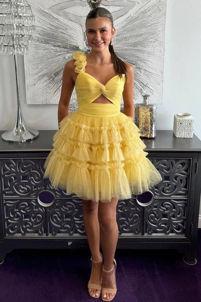 Cute Yellow One Shoulder Lace Up Short Tulle Homecoming Dress DP7220