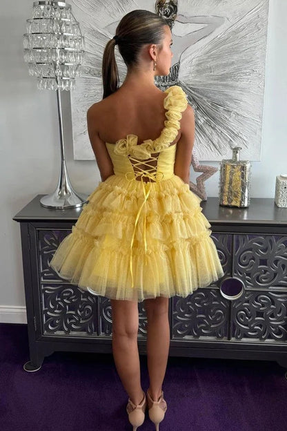 Cute Yellow One Shoulder Lace Up Short Tulle Homecoming Dress DP7220
